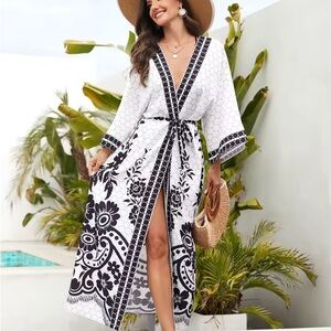 Elegant Black and White Floral Swim Cover-Up